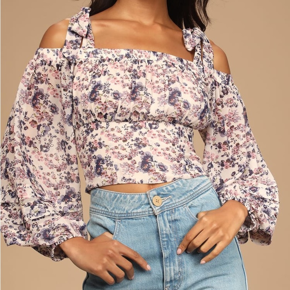 Lulu’s Blooming Brilliantly Cream Floral Print Long Sleeve Dressy Blouse Top